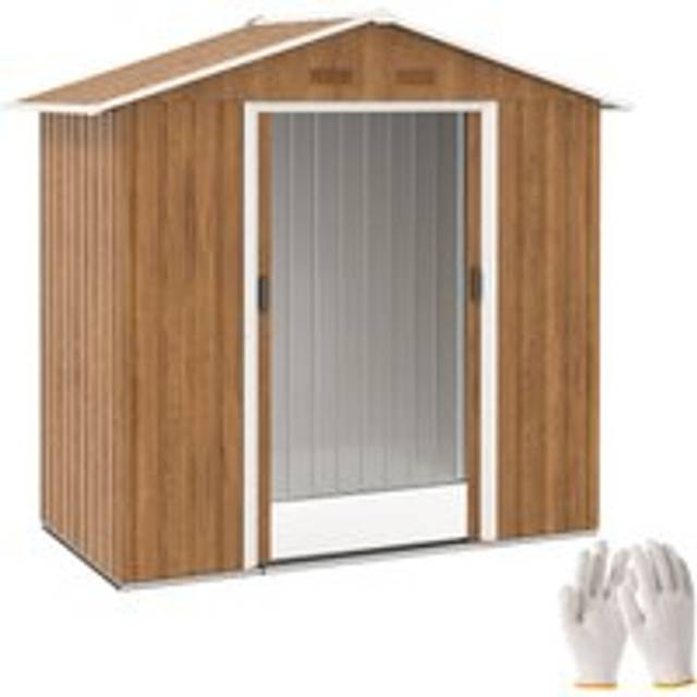 Outsunny 6.5x3.5ft Metal Garden Shed for Garden - Brown Wood Effect | TJ Hughes