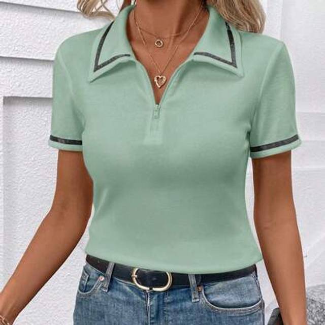 SHEIN Women&#39;s Color Block Zip-Up Slim-Fit Casual Short Sleeve T-Shirt
