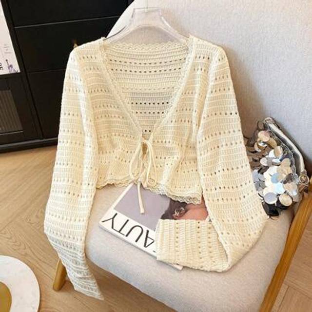 Flirla Sweet Cute Fashion Sexy Women&#39;s Long Sleeve V-Neck Tie-Up Lace Panel Openwork Texture Knit Thin Cardigan, Spring/Summer