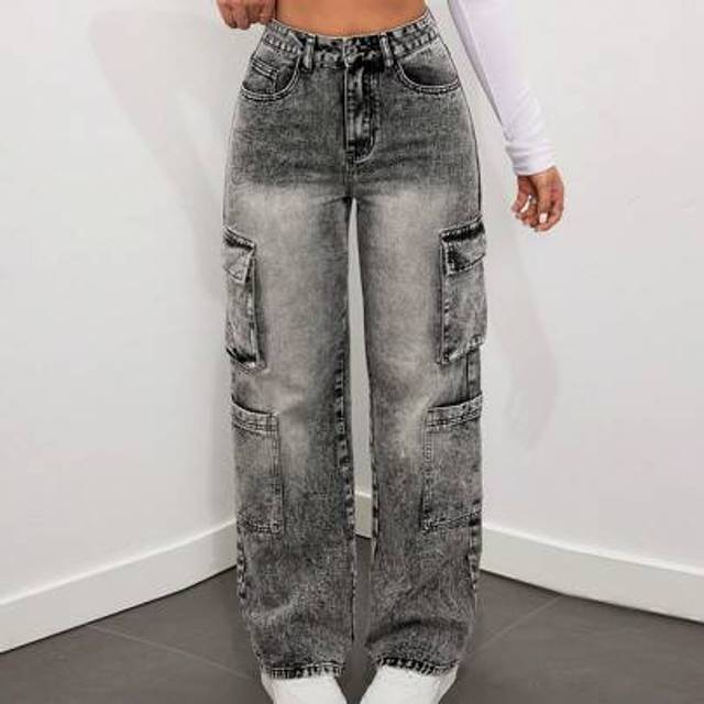 Damer Casual Lösa hög midja tvättade raka ben jeans - Grå (Tall XS,Tall S,Tall M,Tall L)