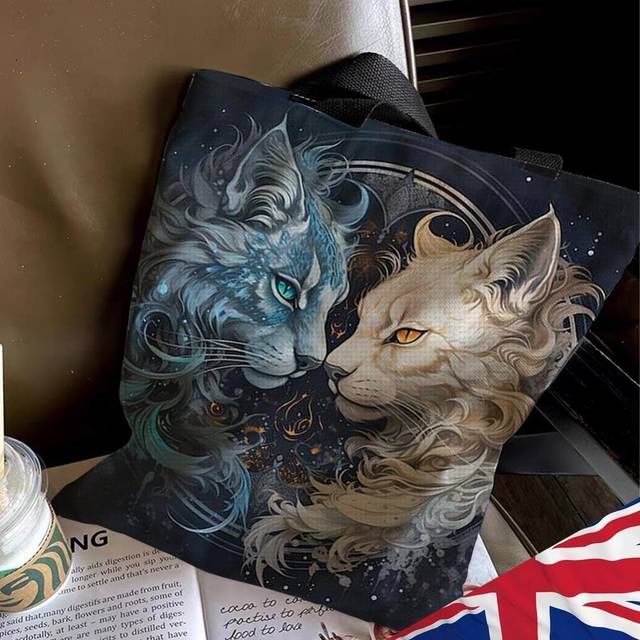 Durable stamped embroidery bag yin-yang cat useful cross stitch canvas tote bag