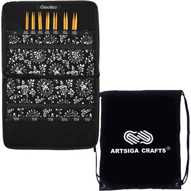 ChiaoGoo Spin Bamboo 5-Inch Small 2500-S Interchangeable Circular Knitting Needle Set  Sizes US 2  3  4  5  6  7  8 with 3 Cords  Connectors  Stitch M