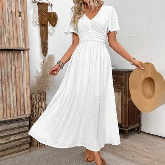 Breezaya Women&#39;s Solid Color Swiss Dot Flutter Sleeve Dress With Waist Pleats For Summer