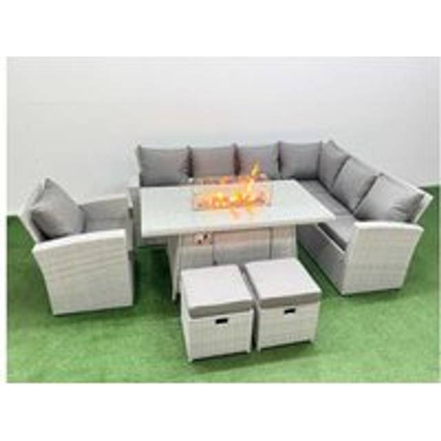 Fimous - 9 Seat Rattan Garden Furniture Corner Sofa Set Outdoor Gas Fire Pit Table Set with 2 Small Footstools Light Grey