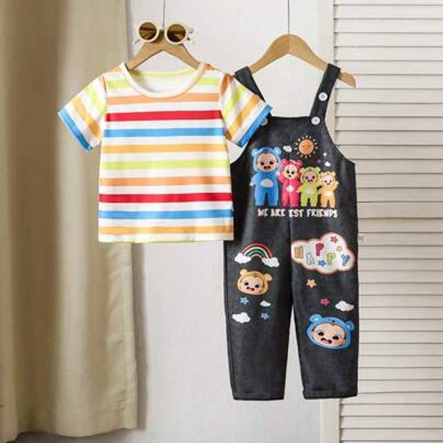 SHEIN 2pcs Baby Boy Colorful Striped T-Shirt And Cute Cartoon Printed Bib Pants Set, Perfect For Baby To Wear In Summer
