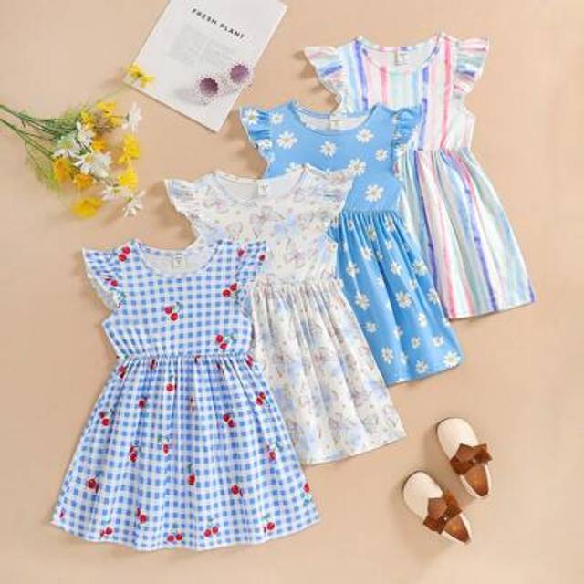 SHEIN 4pcs/Set Girls Casual & Cute Digital Print Cap Sleeve Cinched Waist Summer Dress