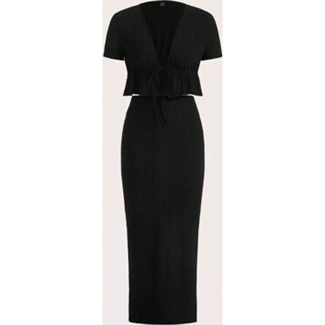 SHEIN Tie Front Peplum Top & Split Back Skirt