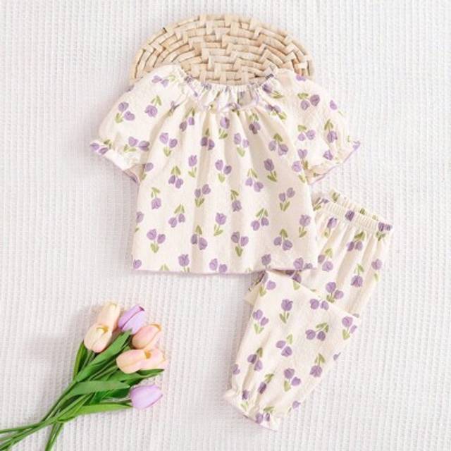 SHEIN Baby Girl Lightweight Pajamas Set, Soft Sweet Tulip Floral Print Short Sleeve Top & Long Pants, Comfortable Home Outfit
