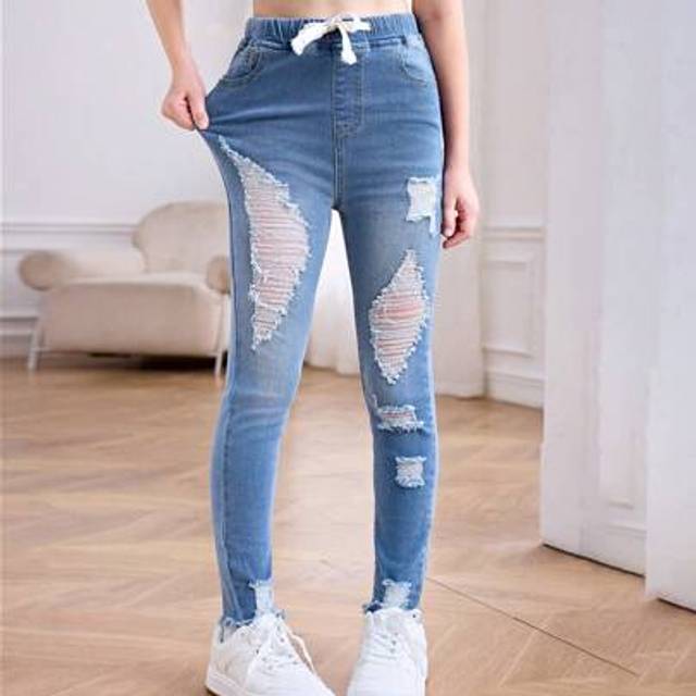 SHEIN Tween Girls Summer Light Washed Drawstring Waist High Stretch Ripped Casual Jeans Skinny Legging Jeans For Daily Wear,Summer Stretchy Waist Comfortabl