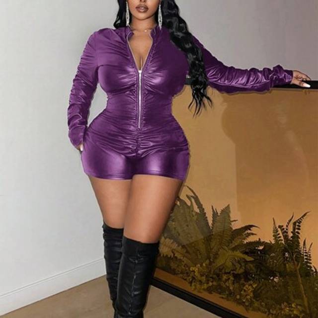 Plus Size Front Zip Långärmad Enkel Jumpsuit, Casual Vardagskläder - Blåröd (0XL,1XL,2XL,3XL)