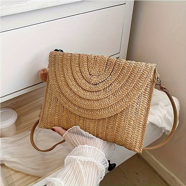 1 Khaki Straw Women's Clutch, Summer Beach Travel Clutch with Removable Shoulder Strap, Polyester Lining