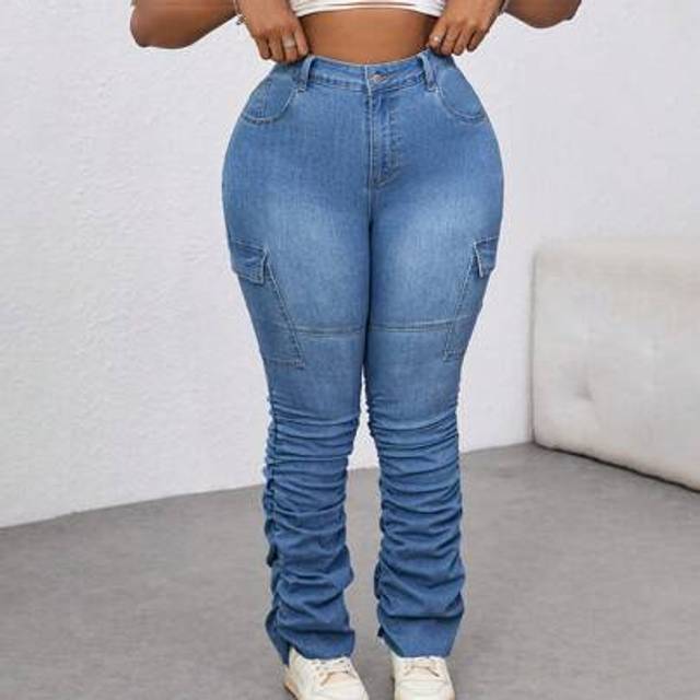SHEIN Plus Size Women&#39;s Blue Denim Elastic Skinny High-Waist Jeans Summer Summer Outfits For Women Vacation Outfits Women Cowgirl Outfits For Women Western