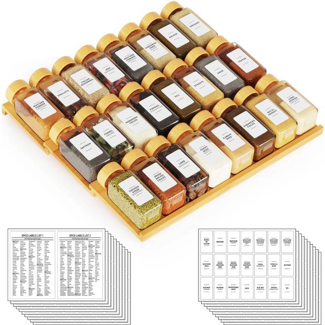 SpaceAid Bamboo Spice Drawer Organizer with 24 Spice Jars, 378 White Minimalist Spice Labels, 3 Tier Seasoning Rack Tray Insert for Kitchen Drawers,