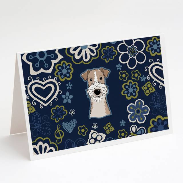 Blue Flowers Wire Haired Fox Terrier Greeting Cards and Envelopes Pack of 8
