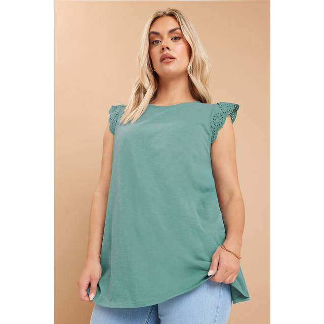 Yours Curve Green Broderie Anglaise Frill Vest Top, Women's Curve & Plus Size, Yours - 18