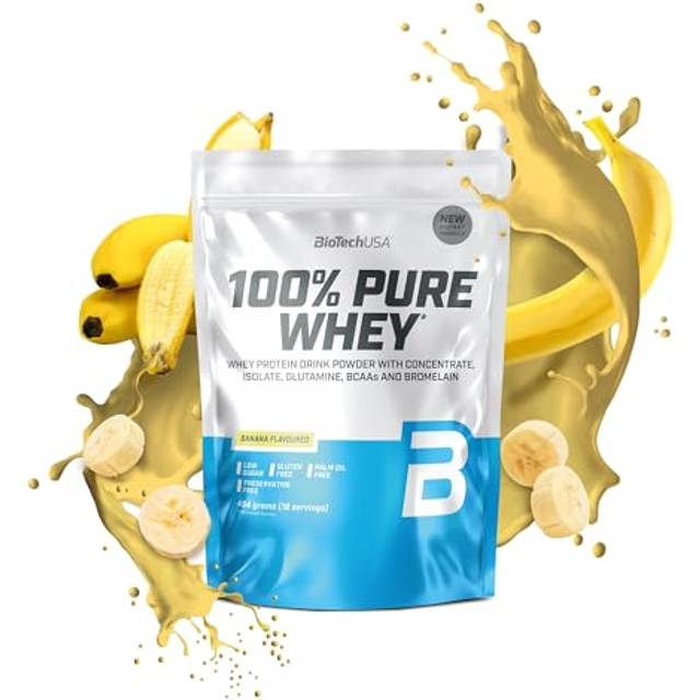 BioTechUSA 100% Pure Whey | Proteinpulver med BCAA och glutamin | Glutenfritt, palmoljefritt | 21 g protein per portion, 454 g, Banana