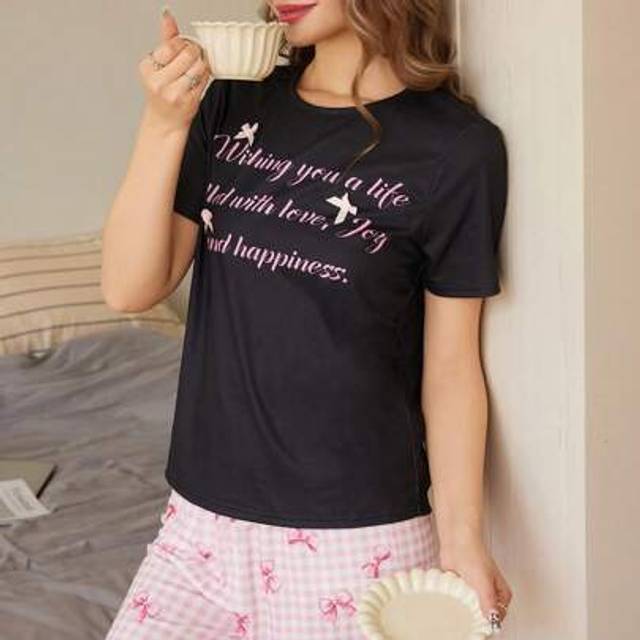 SHEIN 2 Pieces Vintage Letter Design Bow Decor Round Neck T-Shirt And Plaid Butterfly Print Loose Pants Pajamas Set For Teen Girls