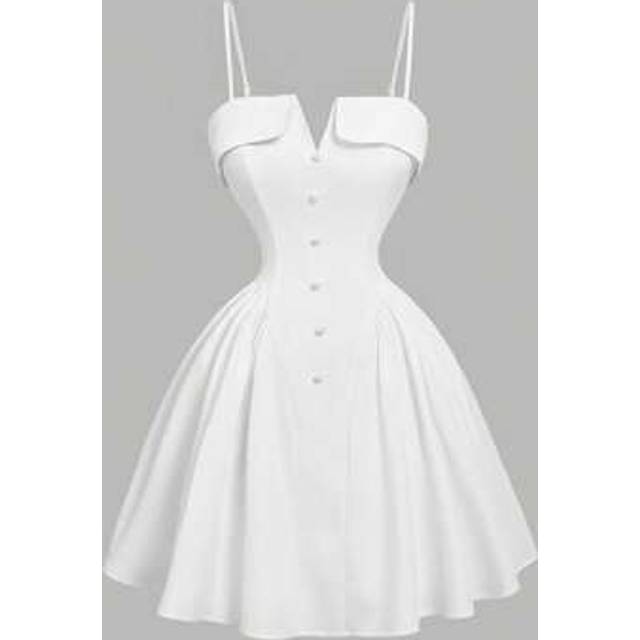 SHEIN Women V-Neck White Waisted Sleeveless Dress,Multi-Tiered Dress, Suitable For Dates, Parties, Holidays, Tea Ceremonies, Birthday Occasions,Summer Outfi