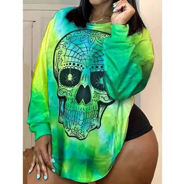 SHEIN Plus Size Women Skull Print Pullover Sweater For Halloween