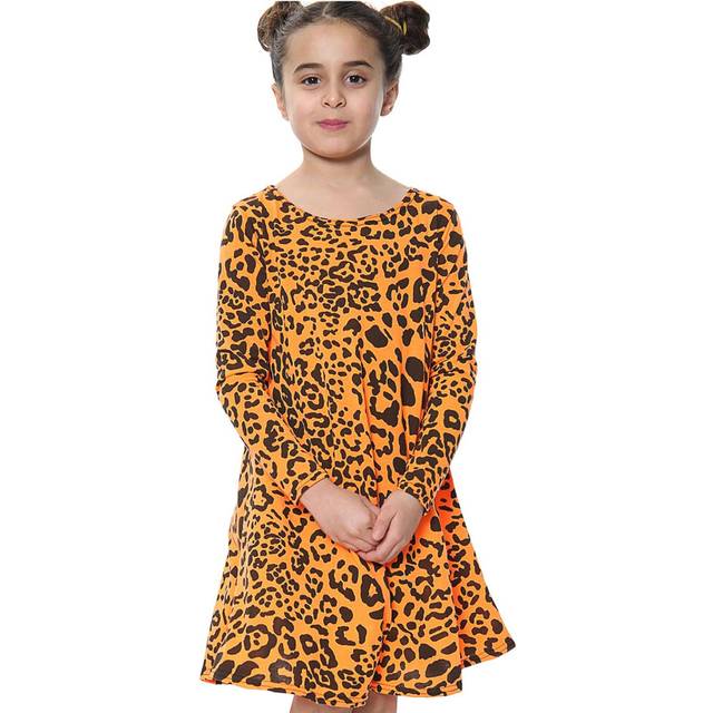 (5-6 Years, Neon Orange) Kids Girls Leopard Print Swing Dress Trendy Top