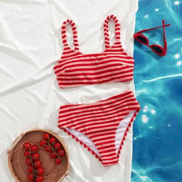 SHEIN 2pcs Sweet & Cute Style Women Bikini Set, Striped Stretchy Towel Fabric Soft & Comfortable Swimwear