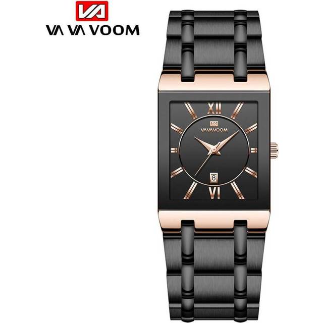 (black,rose gold) Va Va Voom Men Business Watch Simple Design Luxury Fashion Rectangular Black Gold Stainless Steel Calendar Waterproof Quartz Men&apo