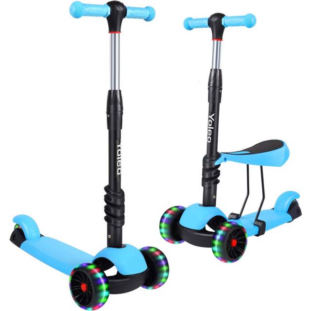 YOLEO Kids Three Wheel Kick Scooter with Removable Seat, LED Flashing Wheels, Height Adjustable, 3-in-1 Lightweight Children's Scooter Boys and Girls