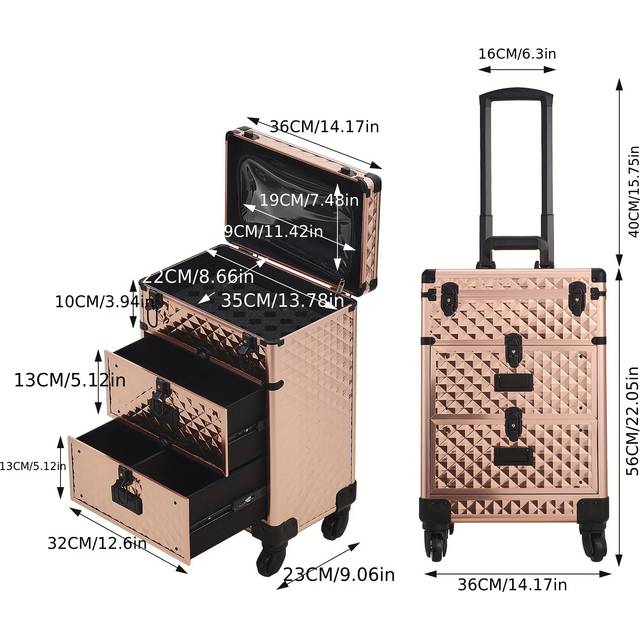 TEMU Rose Golden 3-in-1 Large Rolling Makeup Case With Nail Tank Case, 2 Darwers - Stylish & Durable Beauty Organizer - Spacious Travel-ready Artist Train Case With Secure Storage, 35*23*49cm