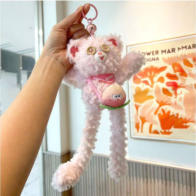 (Peach Bear) Soft Plush Long Leg Bear Keychain Adorable Toy Keyring Bag Pendant Gift For All Ages