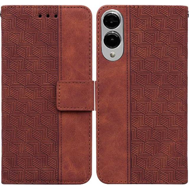 (Brown) Flip Case for Samsung Galaxy S25 Edge Geometric Embossed Premium Pu Leather Wallet Cover Kickstand Feature Flip Folio