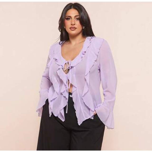 SHEIN Plus Size Fall Elegant Sweet Sexy Women Purple Chiffon Ruffles Decoration Fit Long Sleeve Top Shirt Daily Wear See-Through
