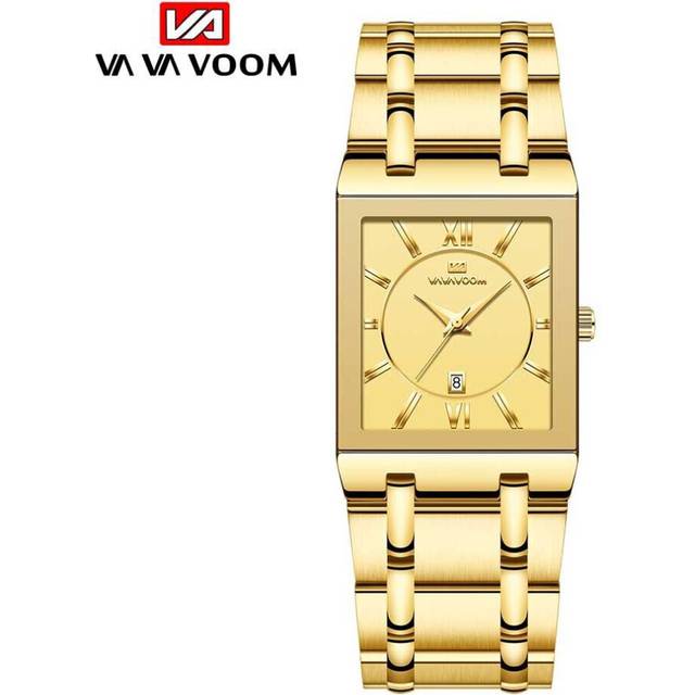 (golden) Va Va Voom Men Business Watch Simple Design Luxury Fashion Rectangular Black Gold Stainless Steel Calendar Waterproof Quartz Men's Watch