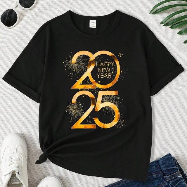 SHEIN 1pc Girls&#39; Oversized Casual Lunar New Year Blessing Text Graphic Print Round Neck T-Shirt, New Year Gift