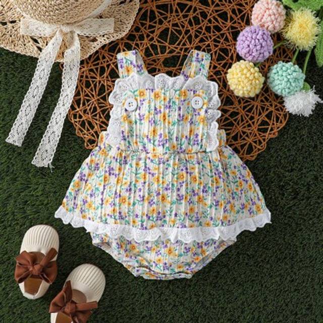 SHEIN Nomadic Countryside Vacation Style Baby Girls Floral Ruffle Patchwork Strap Dress, Cute & Casual Fashion For Spring/Summer