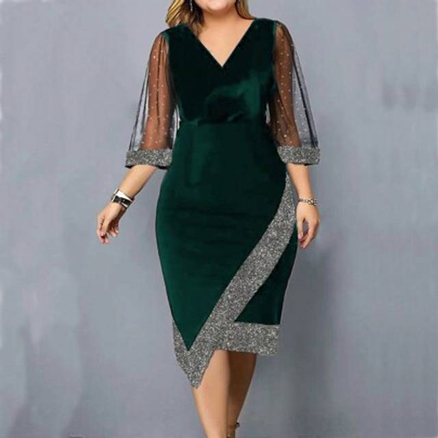 SHEIN Plus Size Women Velvet New Year Dress Ladies Sequins Silver Shiny Mesh Sheer 3/4 Sleeve V Neck Irregular Asymmetrical Hem Midi Dresses Formal Elegant
