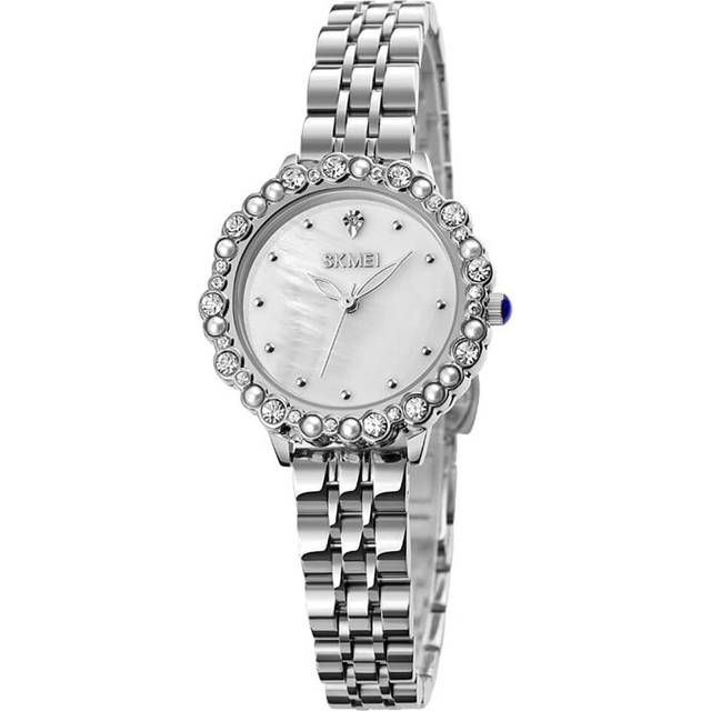 Women Stainless Steel Pearl Rhinestone Shell Waterproof Round All-Match Watch Girls