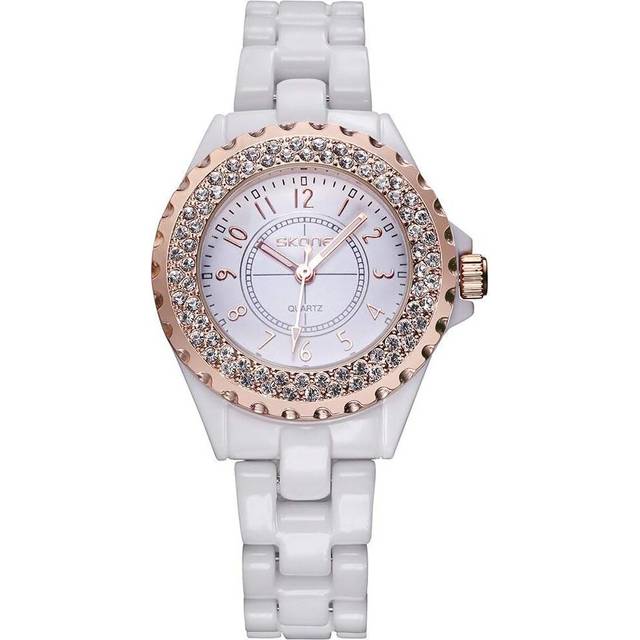 Women Diamonds White Ceramic Wristwatch Girls Waterproof Watch