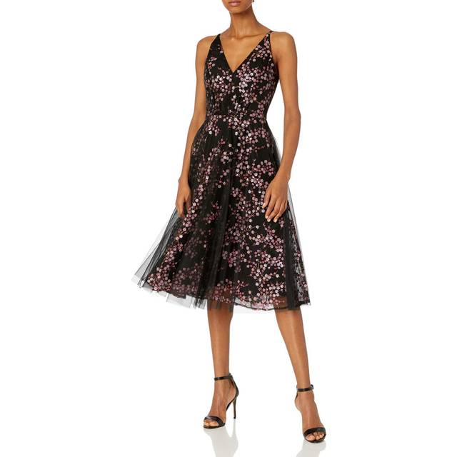 Dress the Population Women's Courtney Sleeveless Veiled Fit & Flare Midi Dress -Fuchsia Multi  X-Large