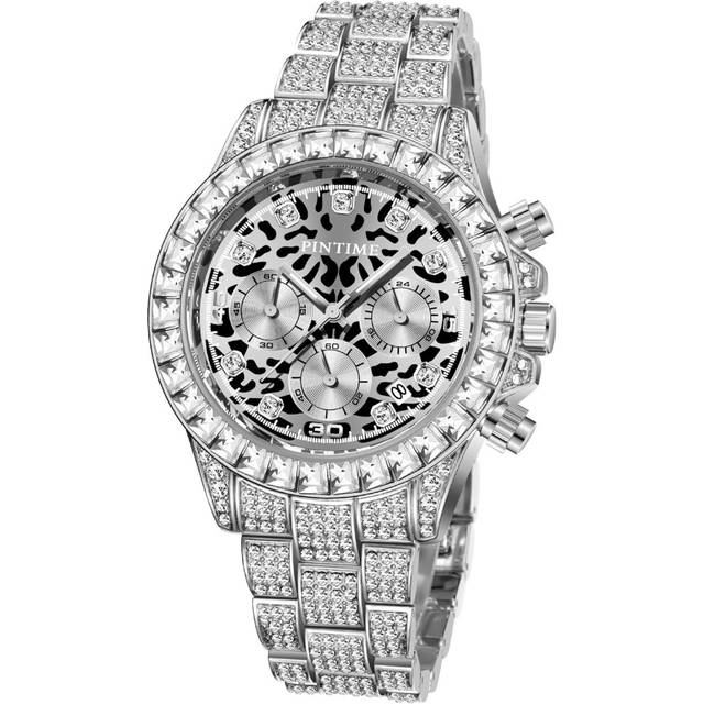 Leopard Dial Watch Chronograph Crystal Rhinestone Diamond Wristwatch