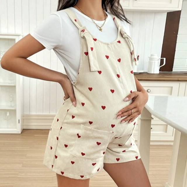 SHEIN Pregnant Women&#39;s Heart-Tied Pockets Jumpsuit, Cute Design Suitable For Summer