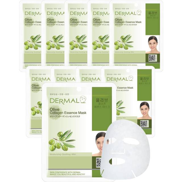DERMAL Olive Collagen Essence Korean Facial Mask Sheet Pack of 10 - Nourishing  Deep Hydration  Reduces Fine Wrinkles - Hypoallergenic Skin Friendly S