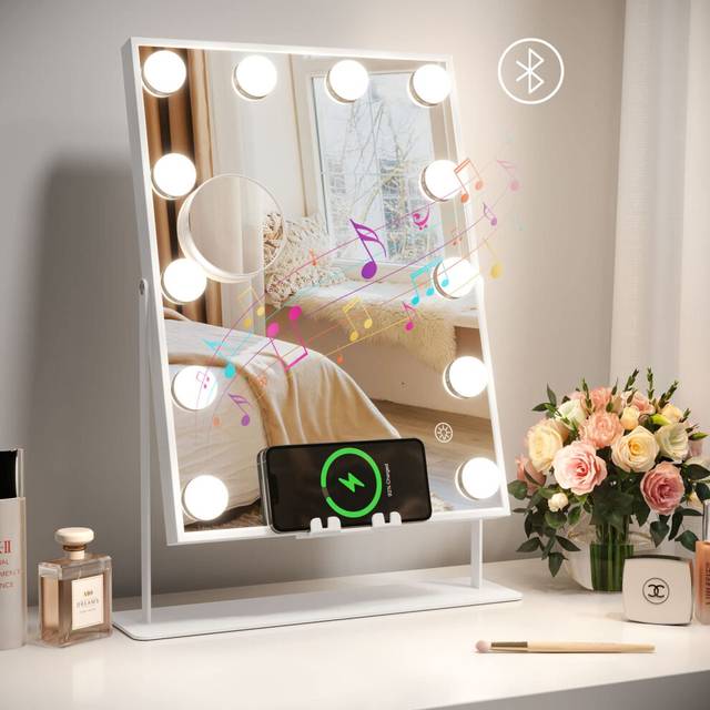 Dripex Bluetooth Hollywood Vanity Mirror with Light, 12 LED Makeup Mirror, Wireless Changing for Phone, 3 Lighting Modes, Dimmable, 360? Rotation,