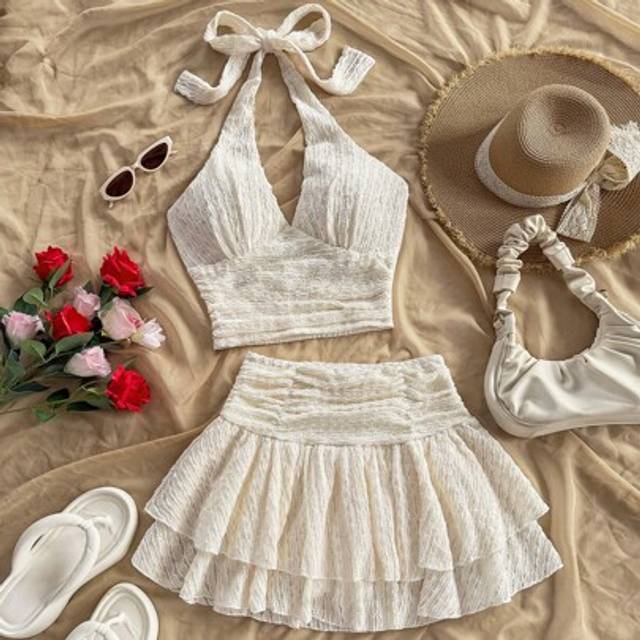 Dam Beige Textur Tyg Halter V-ringad linne och dubbla lager utsvängda mini kjol 2 delar Set, Resort Wear (L,M,S,XL,XS)