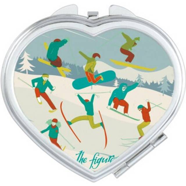 Winter Sport Skiing Colorful Illustration Heart Mirror Travel Magnification Portable Handheld Pocket Makeup