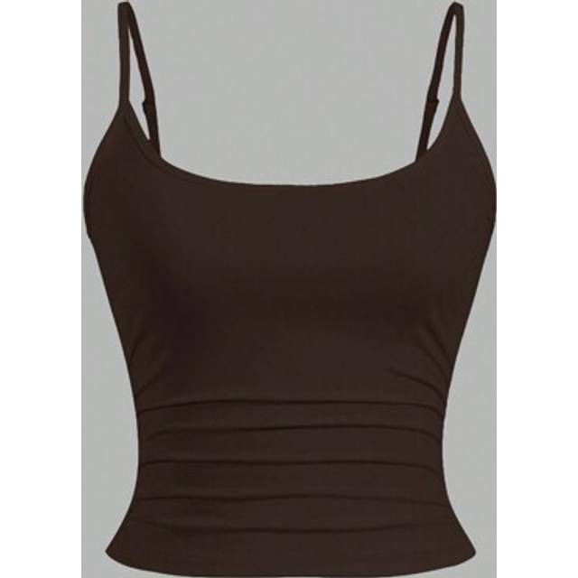 Slaydiva Casual White Ruched Ribbed Slim Fit Brown Camisole Top-E