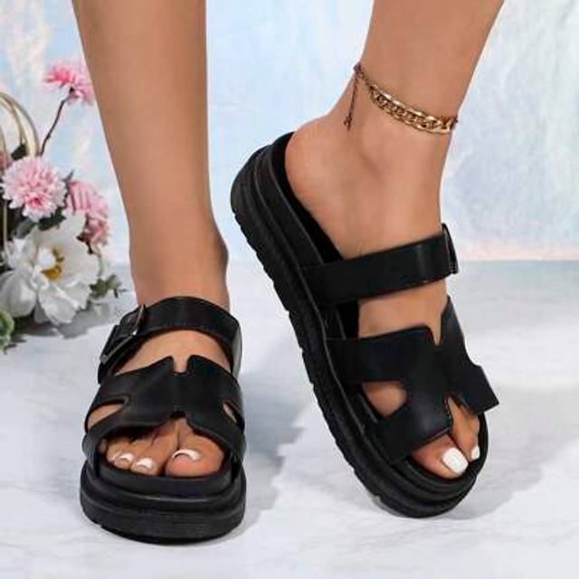 SHEIN 2025 Summer New Fashion Versatile Black Slide Sandals, Size 36-43 Women Plus Size, Non-Slip Durable Casual Open Toe Slippers
