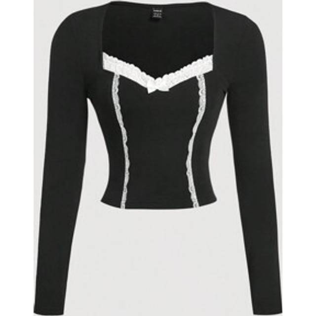 SHEIN Black & White Color Block Ruffle Trim Square Neck Cropped Casual Cute Women Long Sleeve T-Shirt