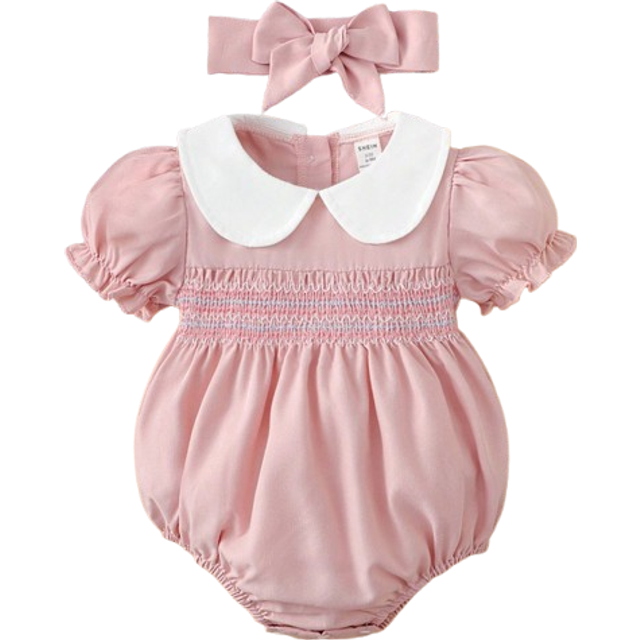 SHEIN Baby Girl Contrast Peter Pan Collar Puff Sleeve Bodysuit & Headband