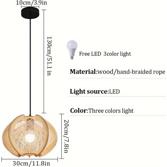 (Wood Color) 1pc NewAoNaSen Boho-Chic Wooden Pendant Light - Modern Retro Hanging Lamp with Natural Woven Rattan Design, E27 Base, Energy-Efficient