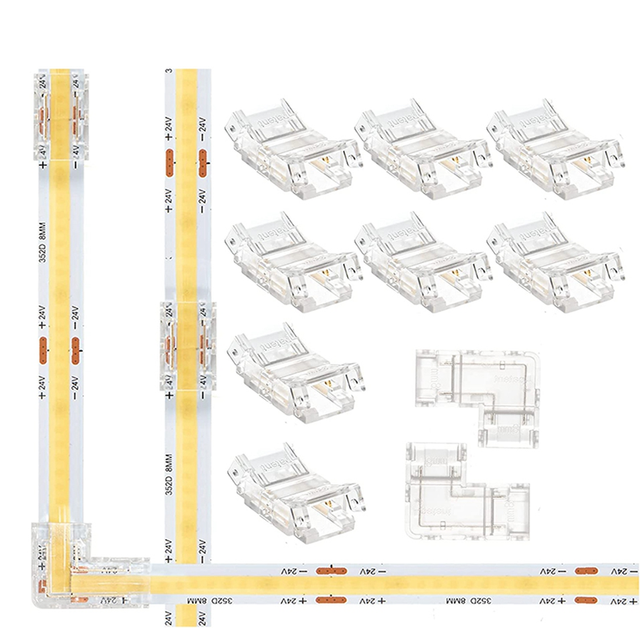 Gapless 8mm 2 Pin COB LED Strip Connector 8 Pack and L Shape 2 Pin 8mm Cob LED Corner 2 Pack for 8mm Cob LED Strip Light